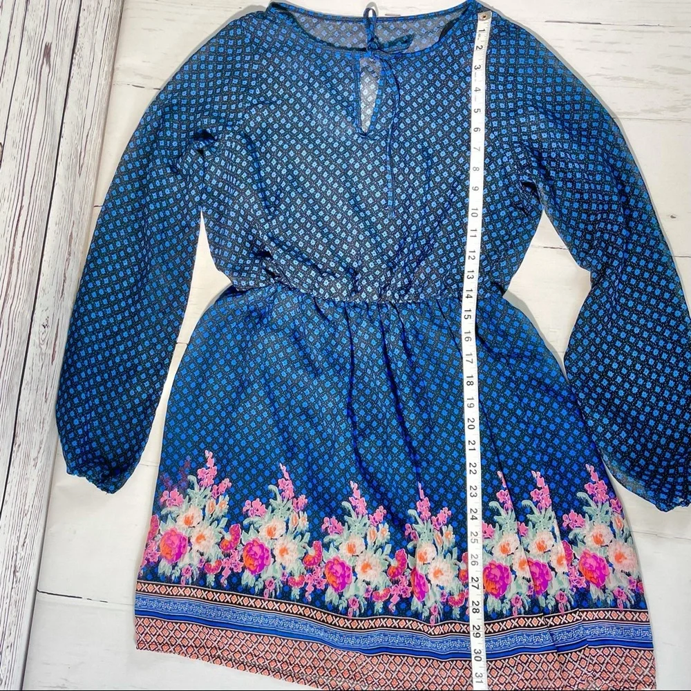 Mudd Long Sleeve Floral Blue and Black Dress. - Picture 11 of 12